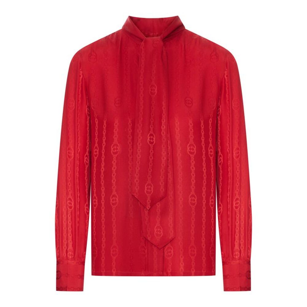 Gucci Women Jacquard Silk Shirt With Gg Cross Chain